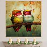 Whimsical Hummingbird Pair Artwork Featuring Red and Green Plumage Perched on a Branch with Textured Earth-Toned Background and Delicate Autumn Leaves on Ready to Hang 1.5" Thick Canvas Wrap, Floating Framed Canvas, Flat Rolled Canvas